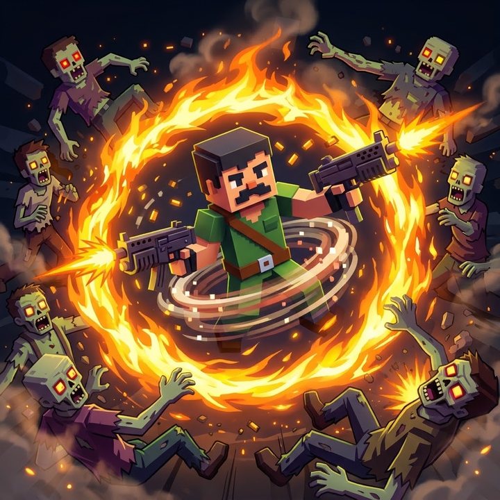 A soldier shooting, surrounded by zombies inside a ring of fire